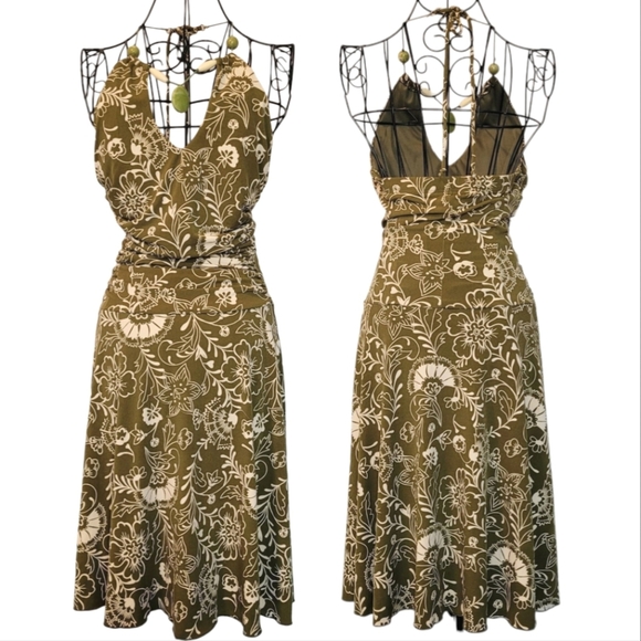Vintage Y2K Slinky Floral Halter Dress Olive Green Light Cream Ruched Waist Sz M - Picture 1 of 13